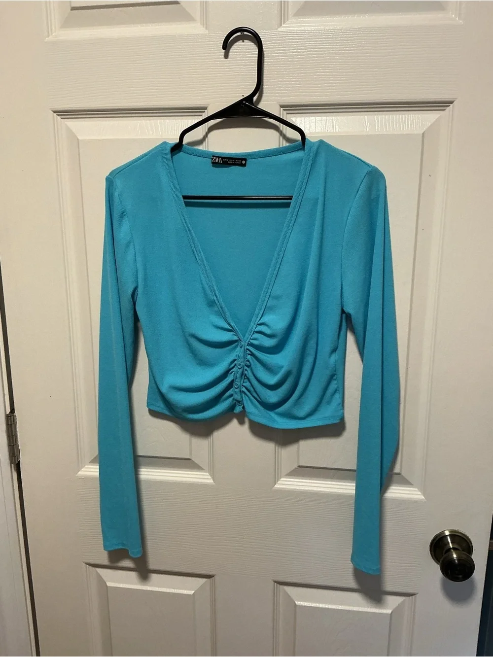 Zara Turquoise Ruched Long Sleeve Crop Top Size Medium Y2K Coquette